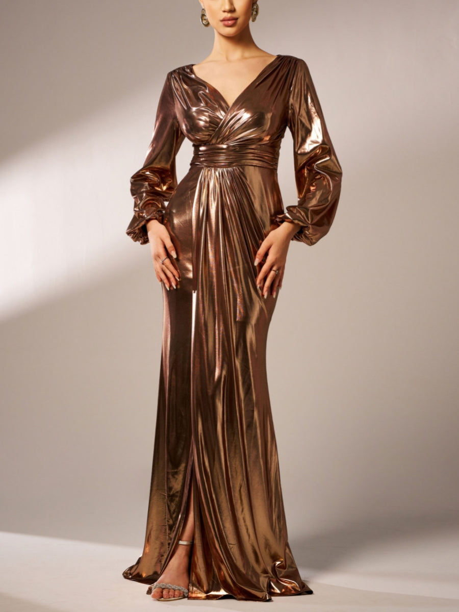 Sheath/Column V-Neck Metallic Prom Dresses Floor-Length Long Sleeves Formal Dresses Split Side