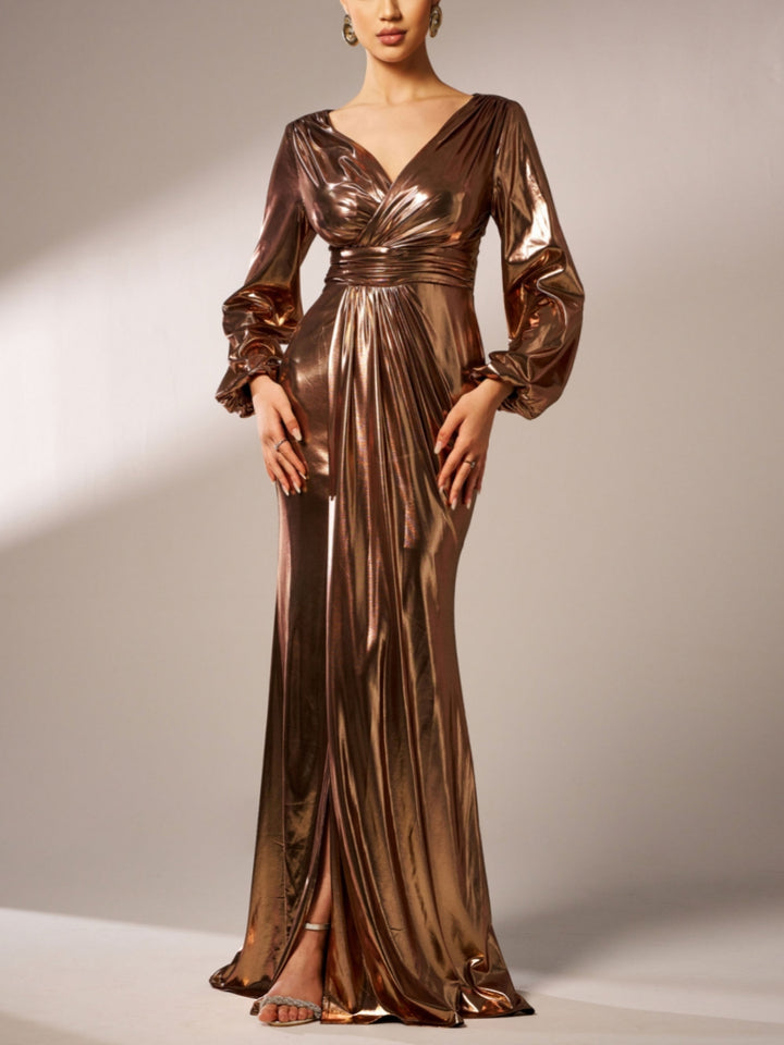 Sheath/Column V-Neck Metallic Prom Dresses Floor-Length Long Sleeves Formal Dresses Split Side
