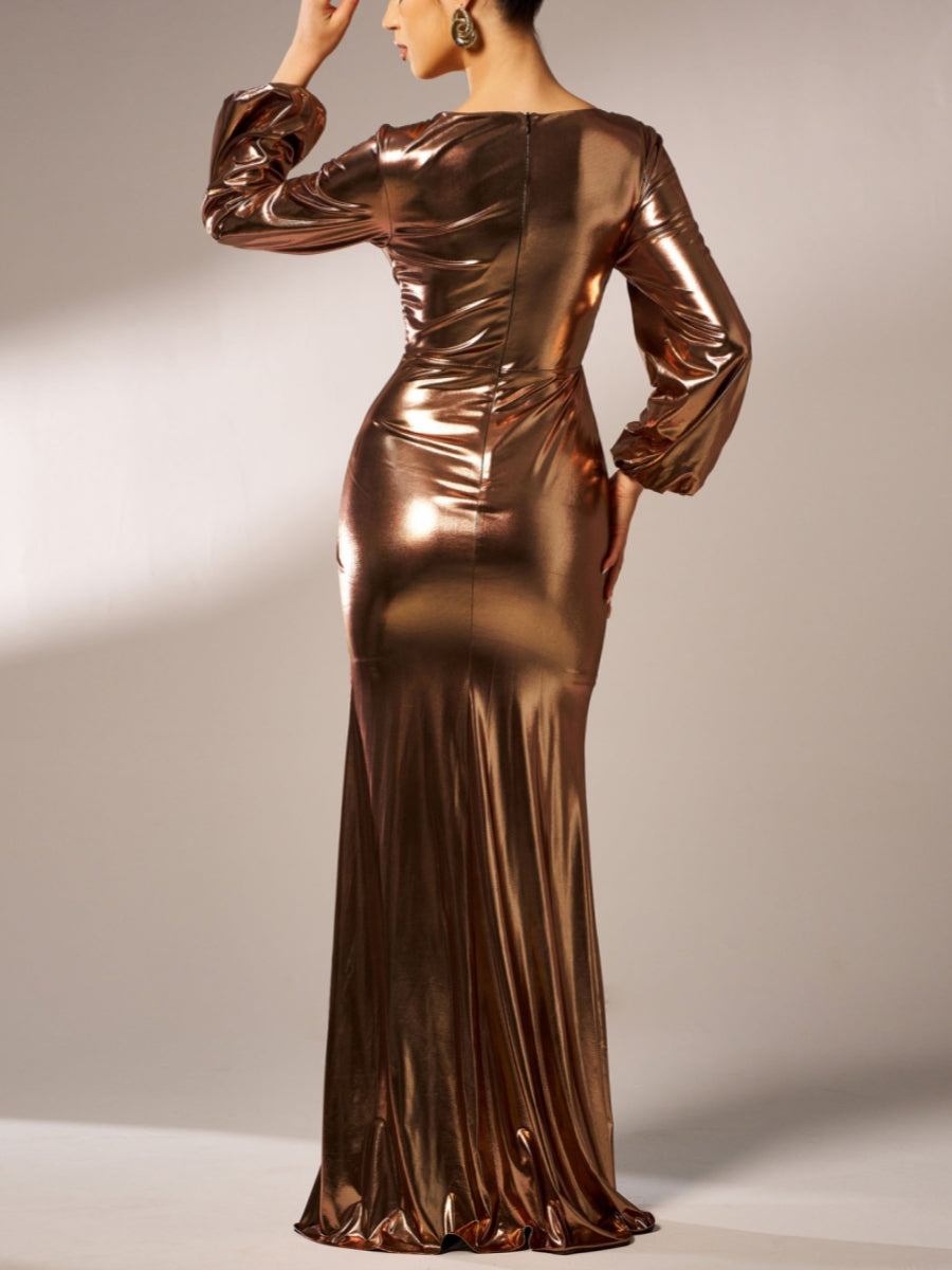Sheath/Column V-Neck Metallic Prom Dresses Floor-Length Long Sleeves Formal Dresses Split Side
