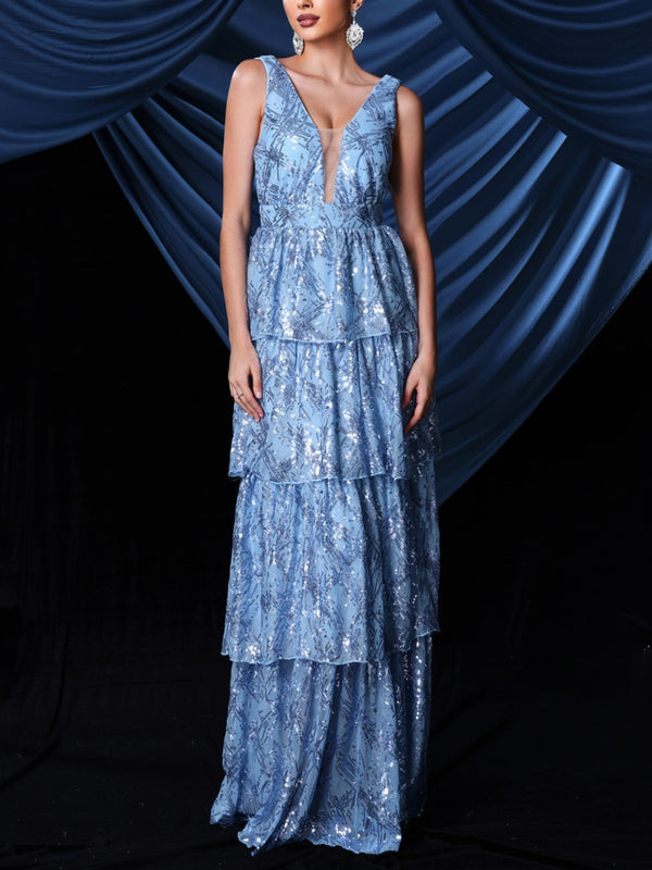 Sheath/Column V-Neck Sequins Prom Dresses Floor-Length Sleeveless Formal Dresses