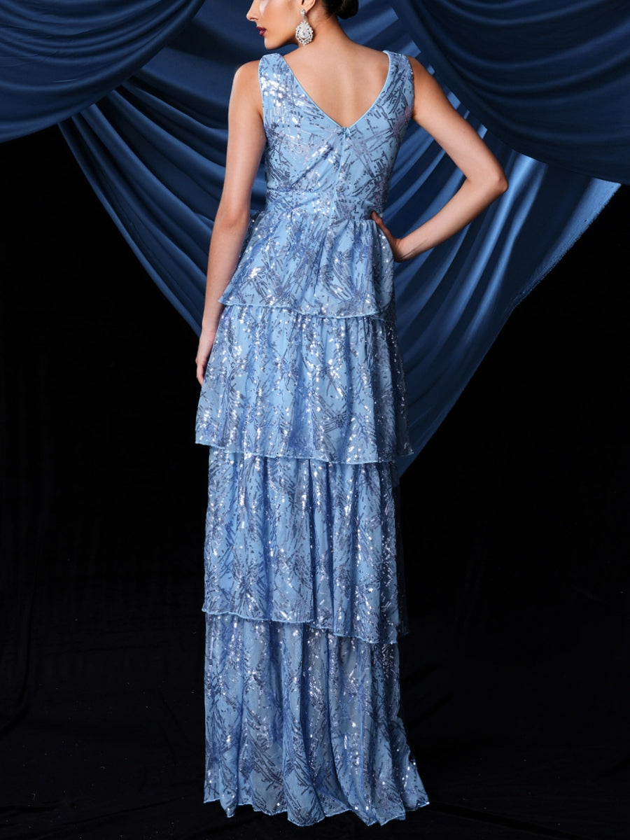 Sheath/Column V-Neck Sequins Prom Dresses Floor-Length Sleeveless Formal Dresses