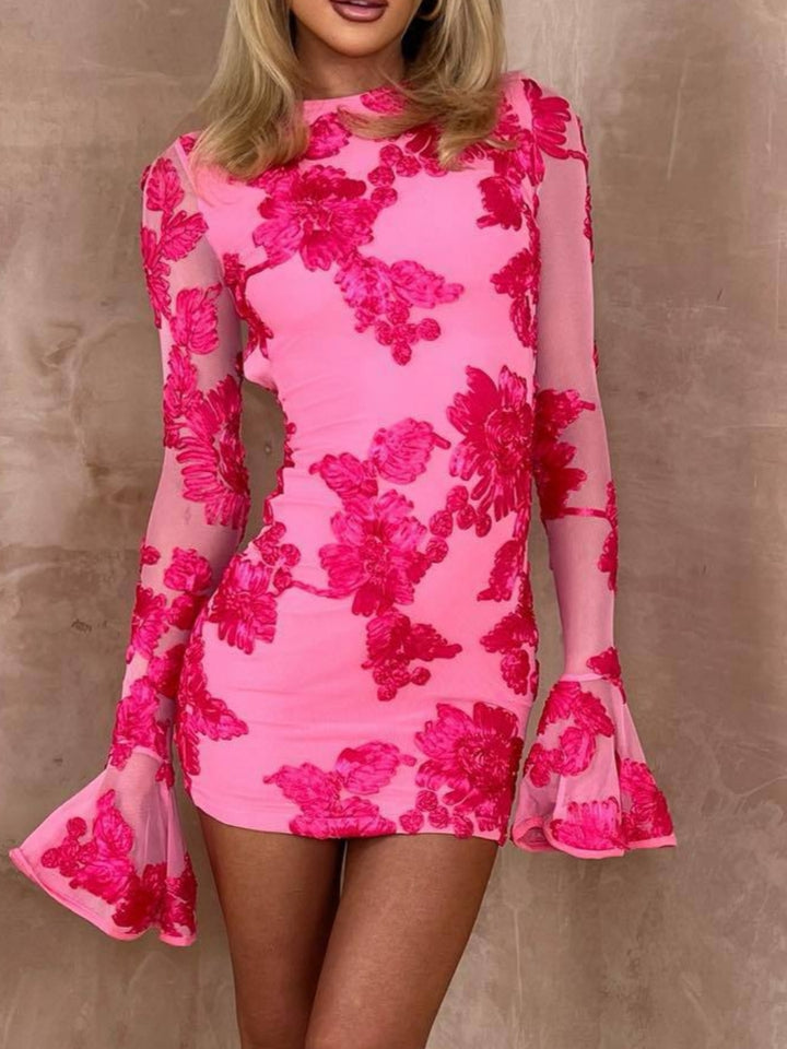 Sheath/Column Short/Mini Lace Homecoming Dresses Scoop Long Sleeves Floral