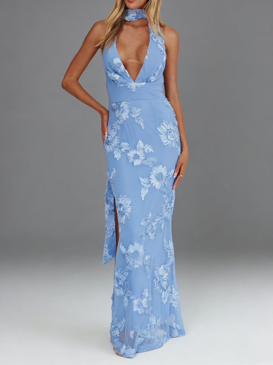 Sheath/Column Halter Deep V-Neck Lace Prom Dresses Floor-Length Sleeveless Backless Floral Formal Dress