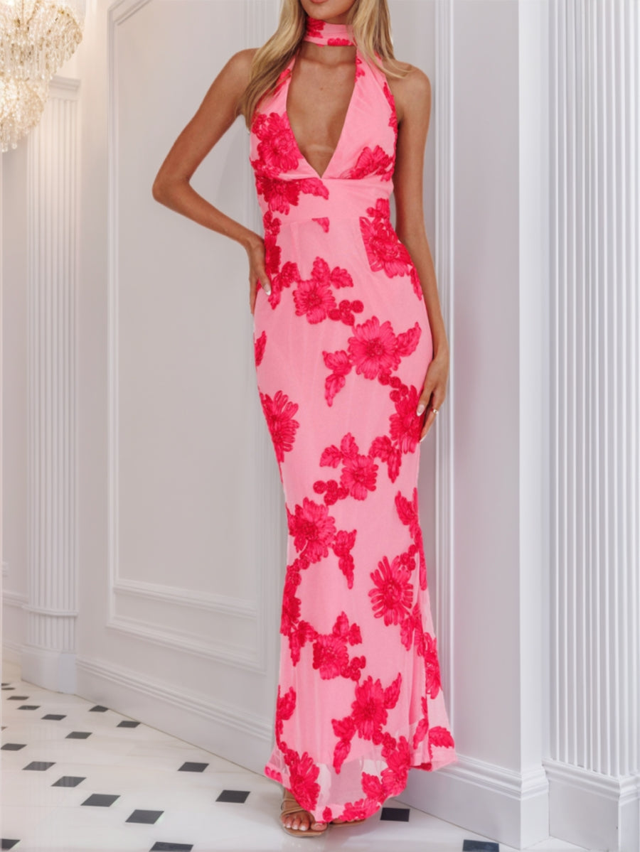 Sheath/Column Halter Deep V-Neck Lace Prom Dresses Floor-Length Sleeveless Backless Floral Formal Dress