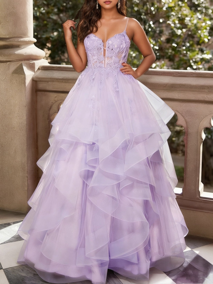 A-Line/Princess Sweetheart Tulle Prom Dresses Floor-Length Ruffles For