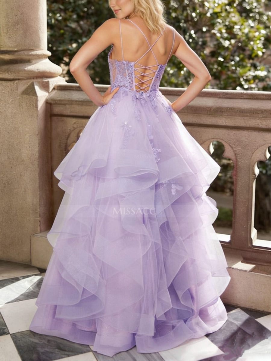Lilac Ball Gown for Women Layered Tulle Prom Dress Spaghetti Strap Lace Appliques Puffy Formal Evening Gown 2026 Wedding Guest, Lilac Lilac Ball Gown for Women Layered Tulle Prom Dress Spaghetti Strap Lace Appliques Puffy Formal Evening Gown 2026 Wedding Guest, Lilac