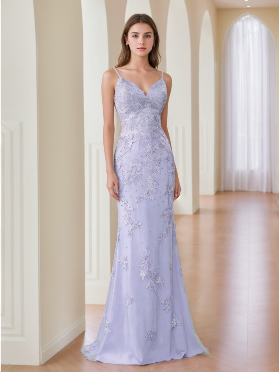 Sheath/Column V-Neck Lace Prom Dresses Sleeveless Floor-Length Formal Dresses Spaghetti Straps