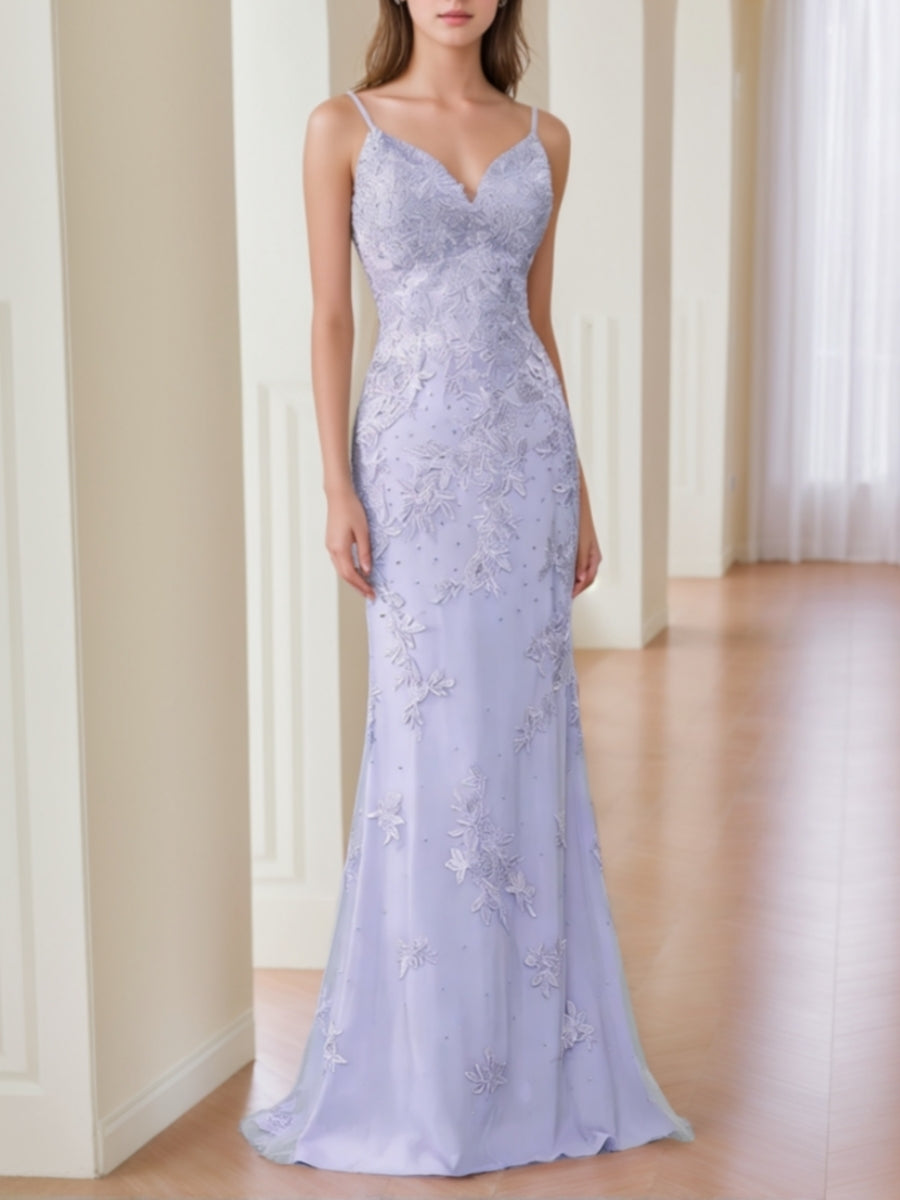 Sheath/Column V-Neck Lace Prom Dresses Sleeveless Floor-Length Formal Dresses Spaghetti Straps