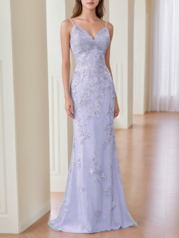Sheath/Column V-Neck Lace Prom Dresses Sleeveless Floor-Length Formal Dresses Spaghetti Straps