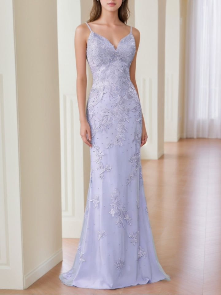 Sheath/Column V-Neck Lace Prom Dresses Sleeveless Floor-Length Formal Dresses Spaghetti Straps