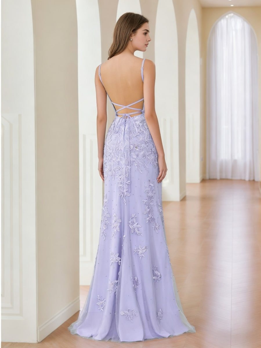 Sheath/Column V-Neck Lace Prom Dresses Sleeveless Floor-Length Formal Dresses Spaghetti Straps