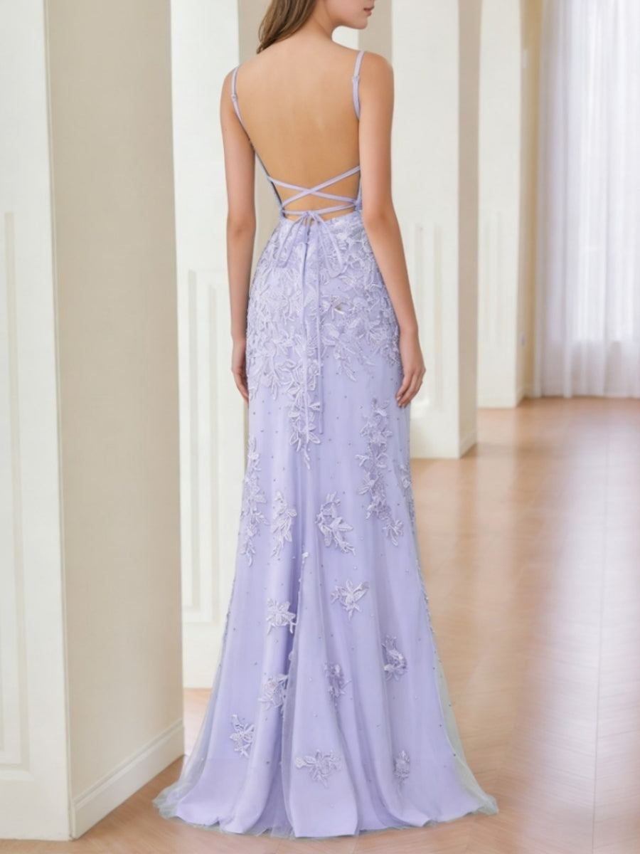 Sheath/Column V-Neck Lace Prom Dresses Sleeveless Floor-Length Formal Dresses Spaghetti Straps