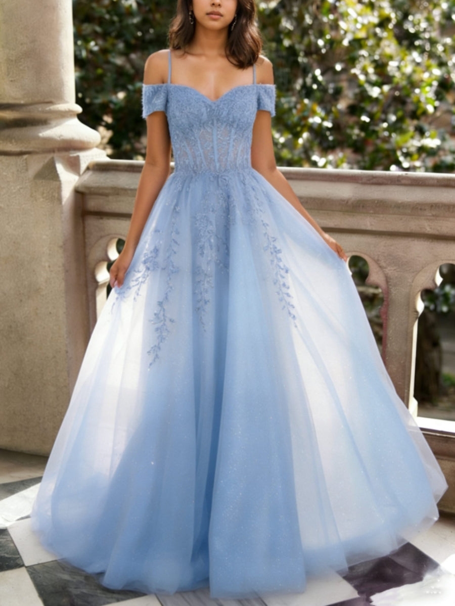 A-Line/Princess Tulle Sweetheart Prom Dresses Floor-Length Lace Spaghetti Straps Formal Dresses