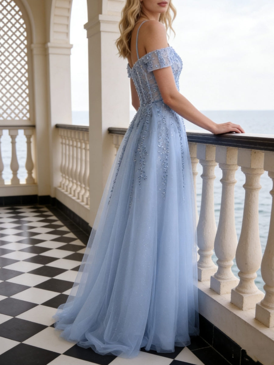 A-Line/Princess Tulle Sweetheart Prom Dresses Floor-Length Lace Spaghetti Straps Formal Dresses