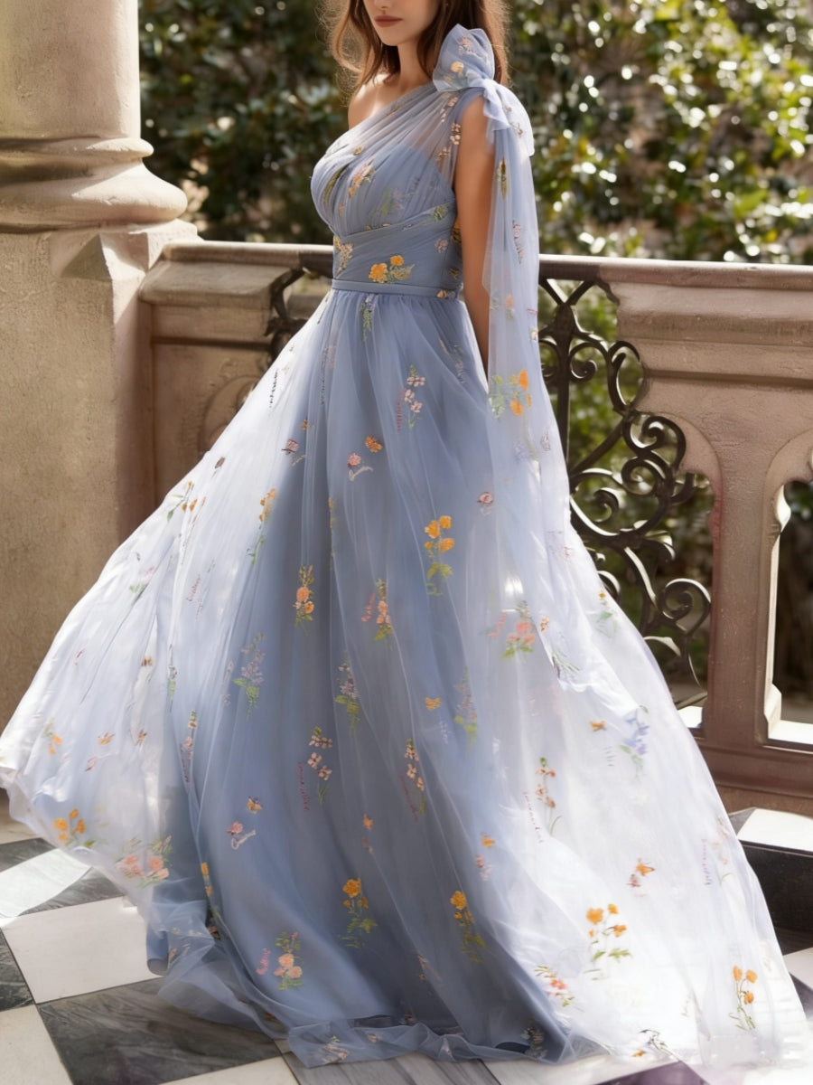 A-Line/Princess One-Shoulder Lace Prom Dresses Sleeveless Floor-Length Sweep/Brush Train Floral