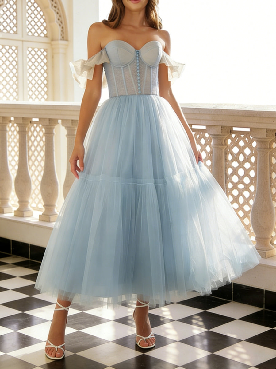 A-Line/Princess Sweetheart Tulle Prom Dresses Ruffle Sleeves Ankle-Length  Formal Dresses