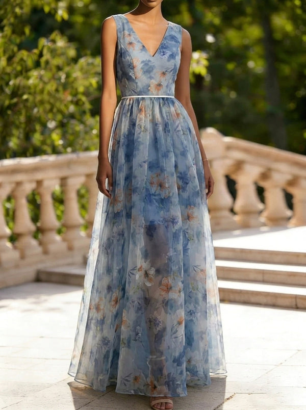 A-Line/Princess V-Neck Lace Prom Dresses Sleeveless Floor-Length Floral Formal Dresses