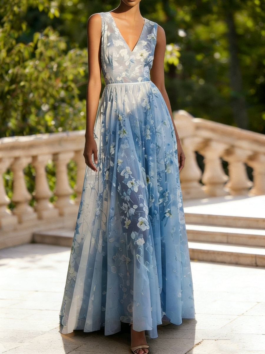 a line princess v neck dress Blue Floral Embroidered Ball Gowns Tulle Prom Dress A Line for Women 2026 Elegant V Neck Sleeveless Long Formal Evening Gown with Flowy Skirt, Blue