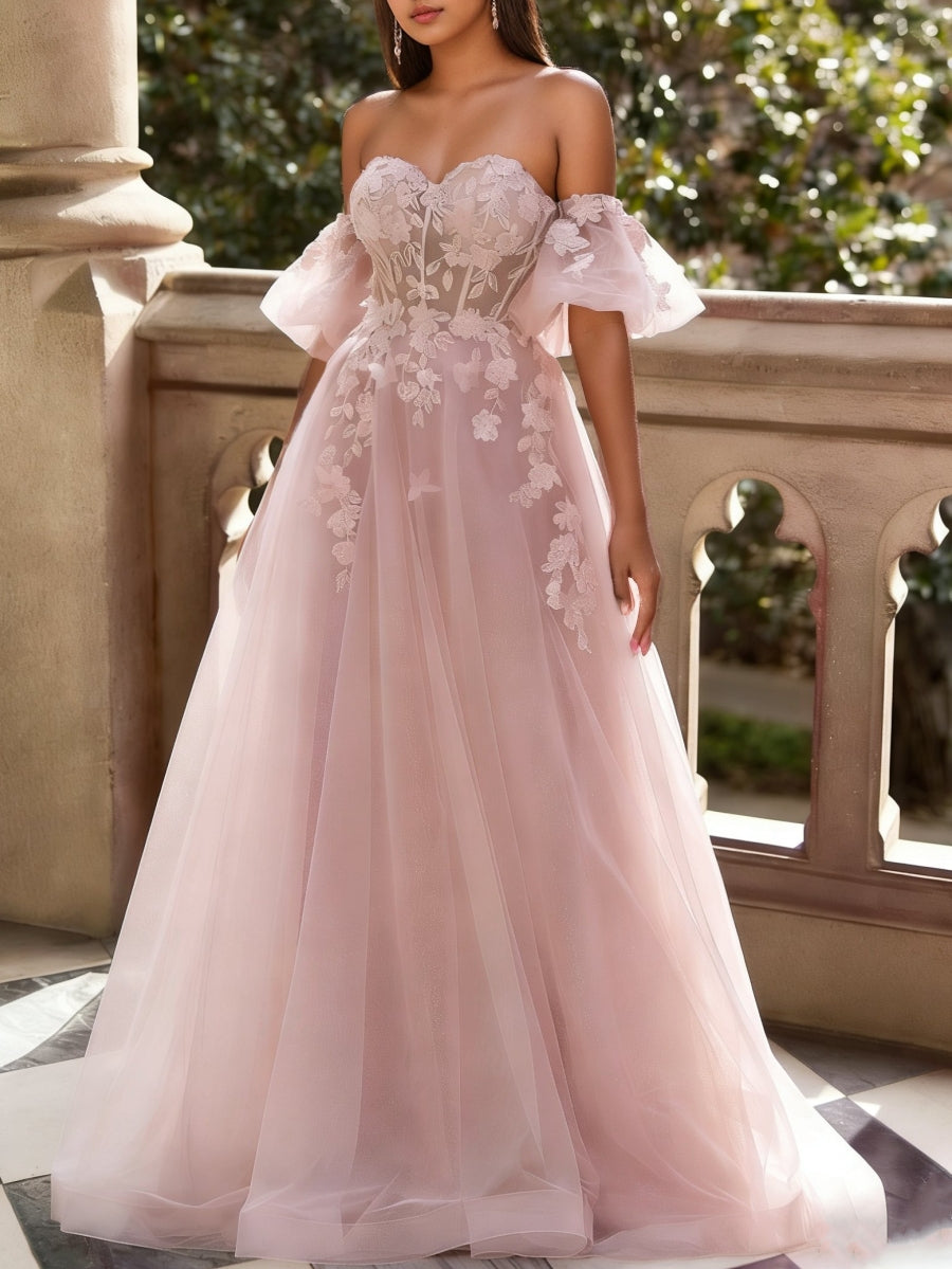 A-Line/Princess Tulle Sweetheart Prom Dresses Floor-Length Lace Convertible Short Sleeves Formal Dresses