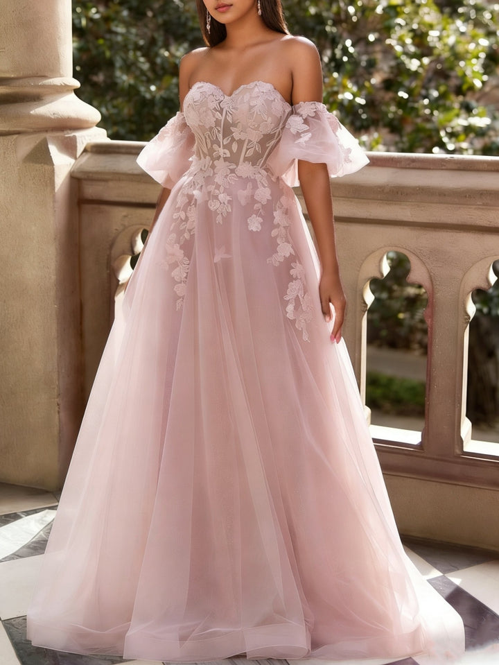 A-Line/Princess Tulle Sweetheart Prom Dresses Floor-Length Lace Convertible Short Sleeves Formal Dresses