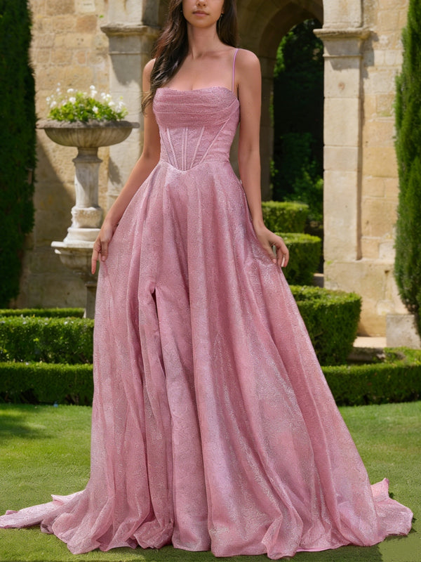 A-Line/Princess Spaghetti Straps Tulle Prom Dresses Sequins Floor-Length Pleated Formal Dresses Sweep Train