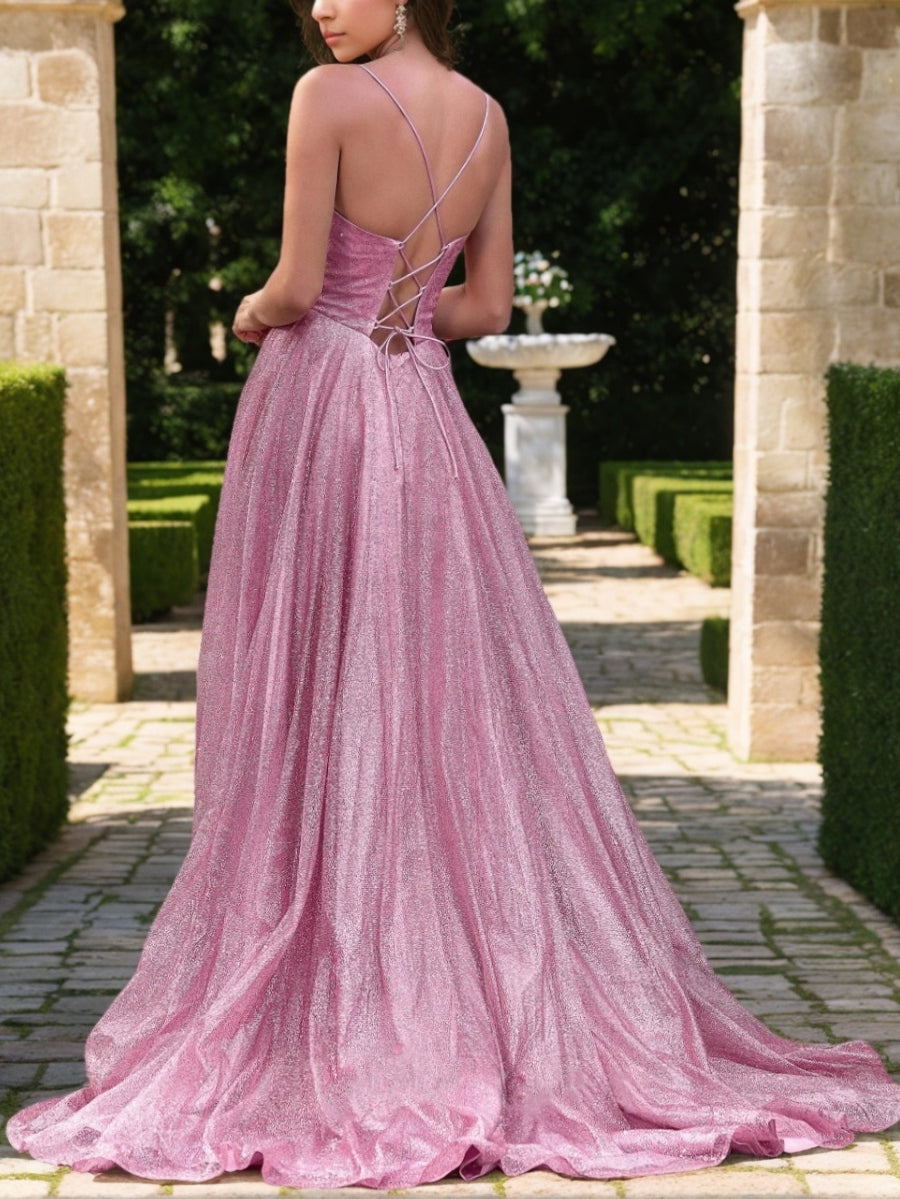 A-Line/Princess Spaghetti Straps Tulle Prom Dresses Sequins Floor-Length Pleated Formal Dresses Sweep Train