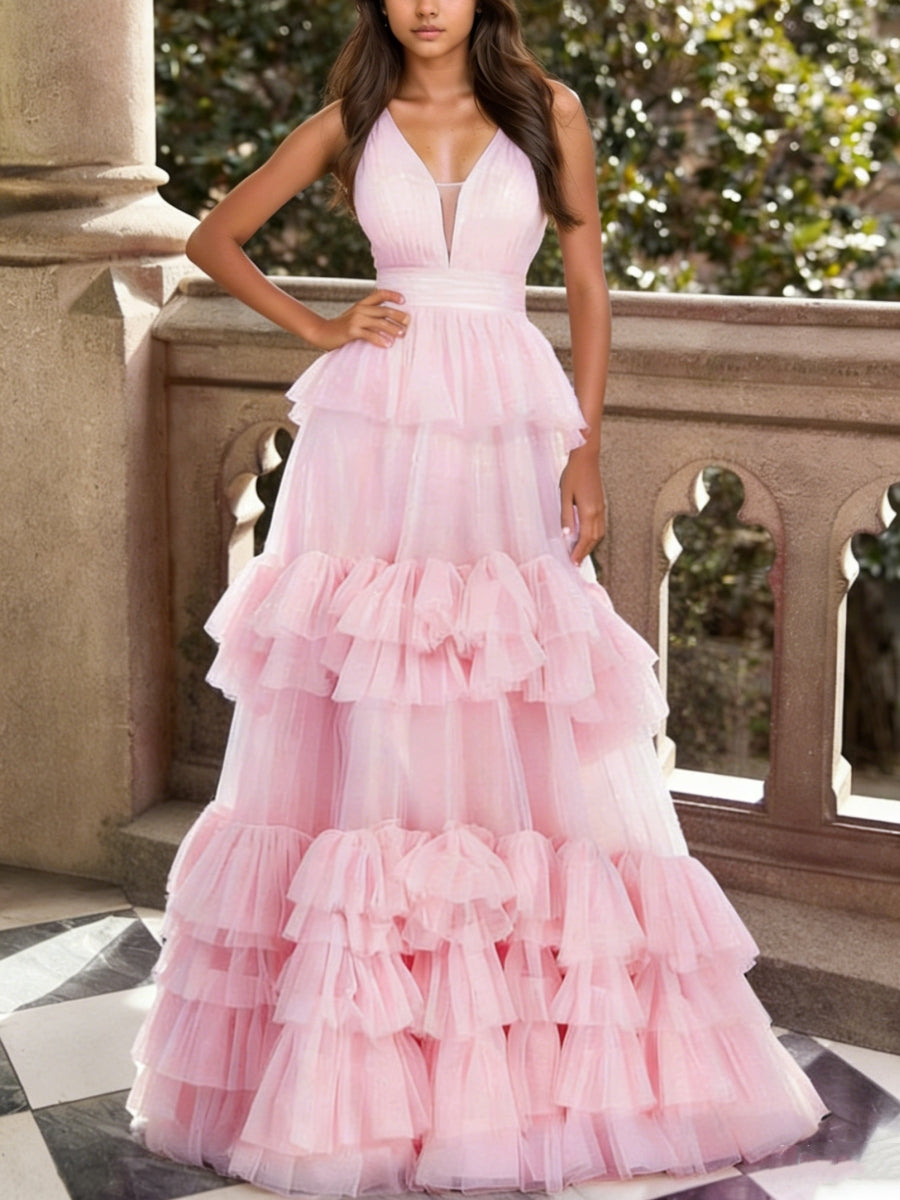 Pink Tiered Ruffle Prom Dress 2026 Sleeveless V Neck Tulle Ball Gown Elegant Long Puffy Layered Evening Gown, Pink Pink Tiered Ruffle Prom Dress 2026 Sleeveless V Neck Tulle Ball Gown Elegant Long Puffy Layered Evening Gown, Pink