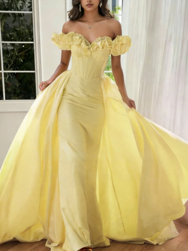 Sheath/Column Off-The-Shoulder Taffeta Prom Dresses Sleeveless Floor-Length Sweep/Brush Train Ruffle Flower