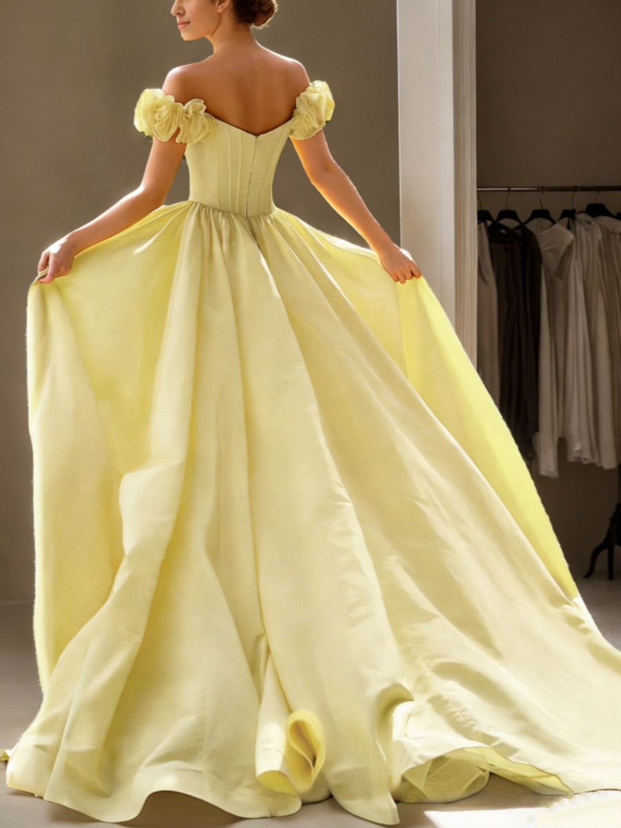 Sheath/Column Off-The-Shoulder Taffeta Prom Dresses Sleeveless Floor-Length Sweep/Brush Train Ruffle Flower