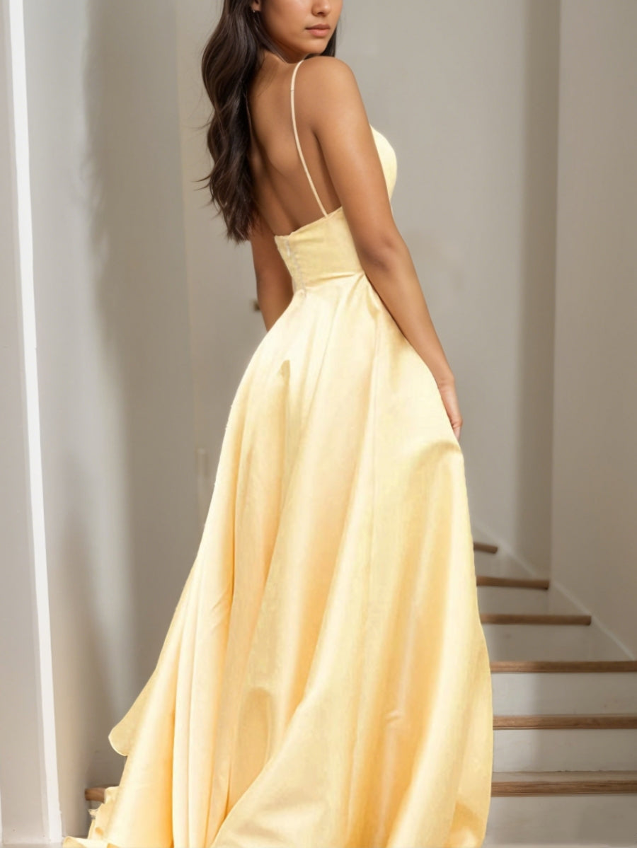 A-Line/Princess  V-Neck Satin Prom Dresses Spaghetti Straps Floor-Length Sweep Train Formal Dress