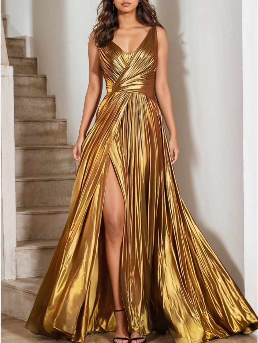 Gold Satin Prom Dress 2026 for Women V Neck Ball Gowns Sleeveless Ruched Long Formal Evening Maxi Gown with High Slit, Gold