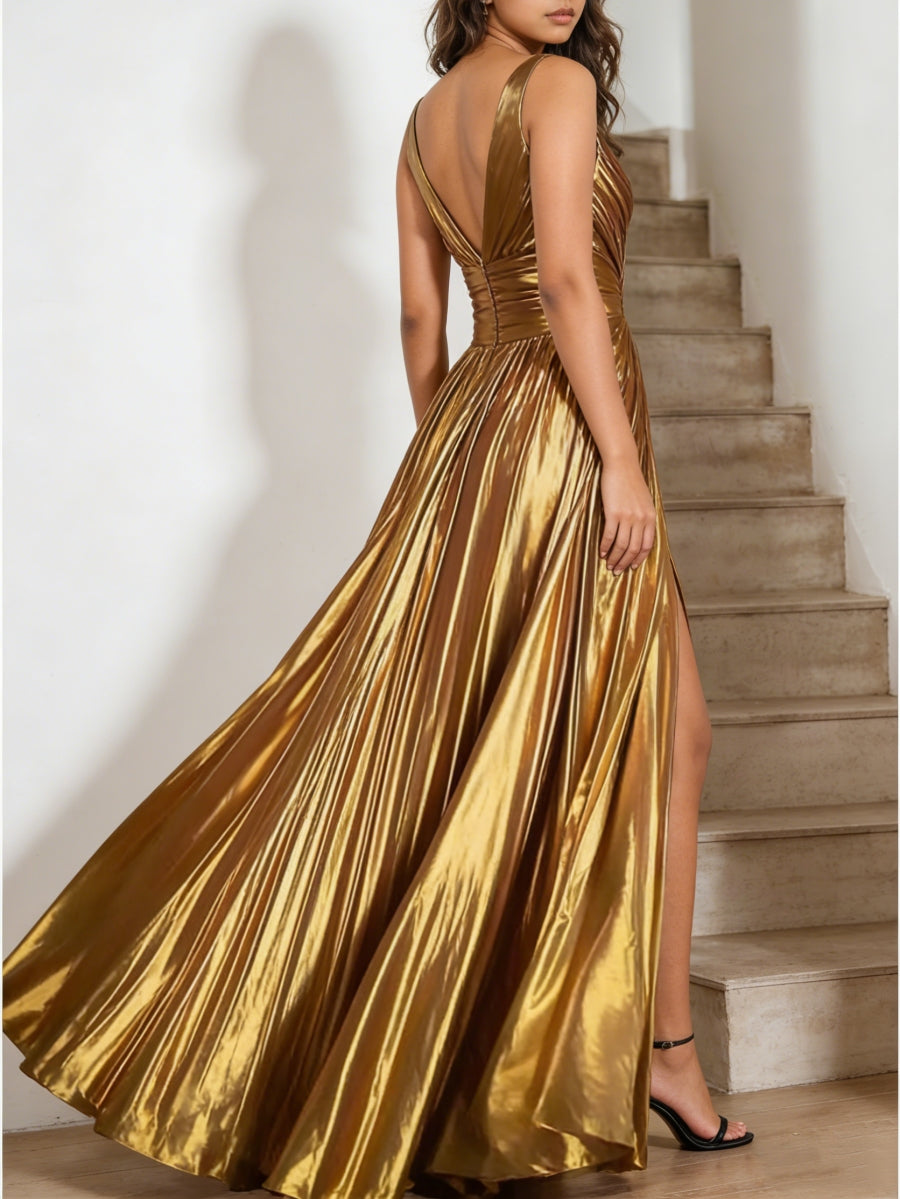 A-Line/Princess V-Neck Metallic Prom Dresses with Split Side Floor-Length Pleated Formal Dresses