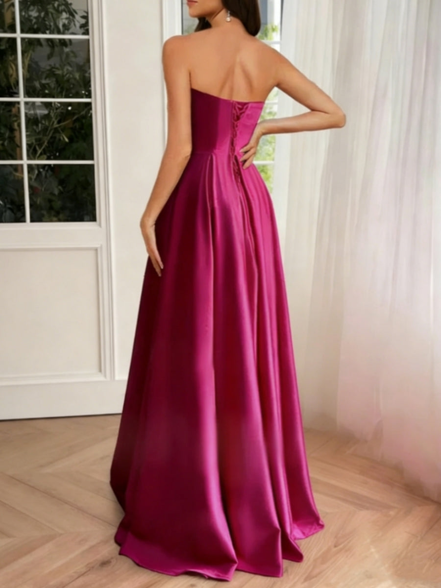 A-Line/Princess Strapless Satin Prom Dresses Floor-Length Sleeveless Ruffles Formal Dress