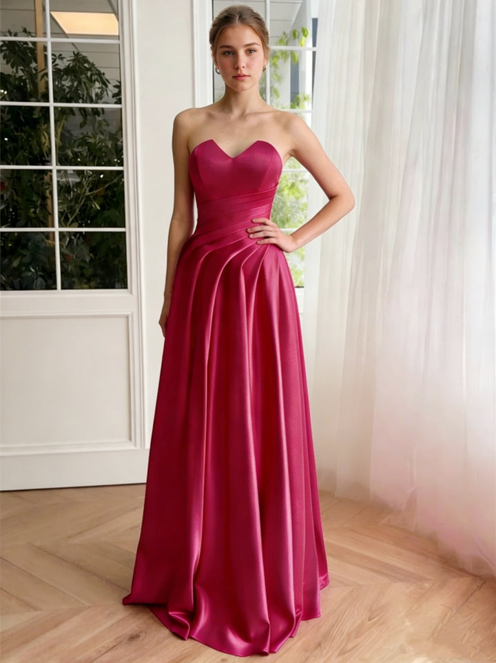 A-Line/Princess Strapless Satin Prom Dresses Floor-Length Sleeveless Ruffles Formal Dress
