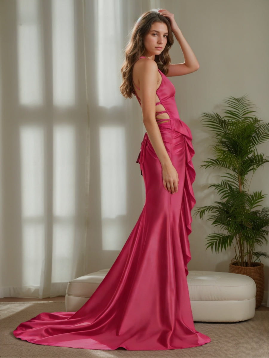 Trumpet/Mermaid Halter Satin Prom Dresses Floor-Length Sleeveless Ruffles Bow Formal Dress
