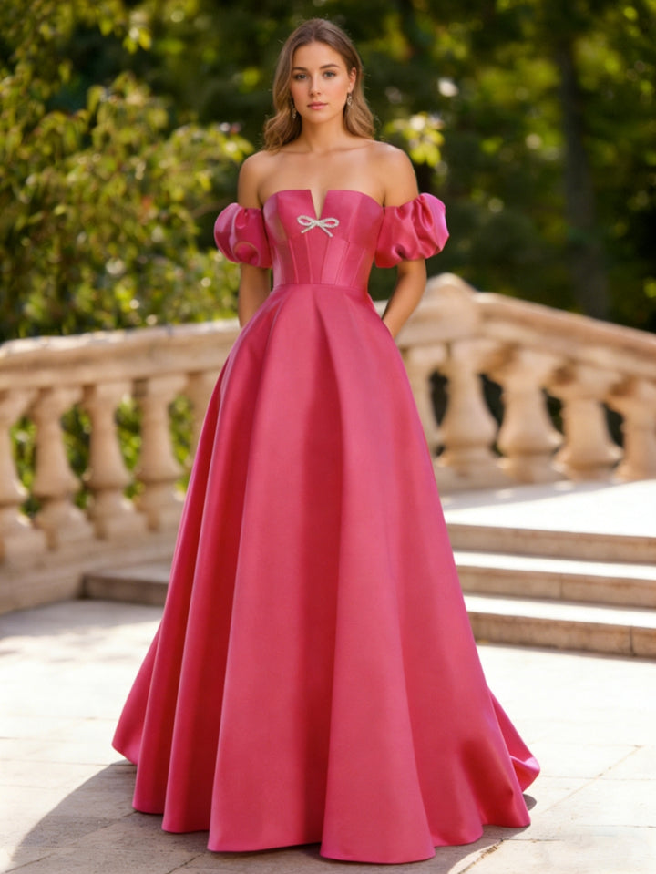A-Line/Princess Strapless Satin Prom Dresses Detachable Sleeves Floor-Length Ruffles Formal Dress
