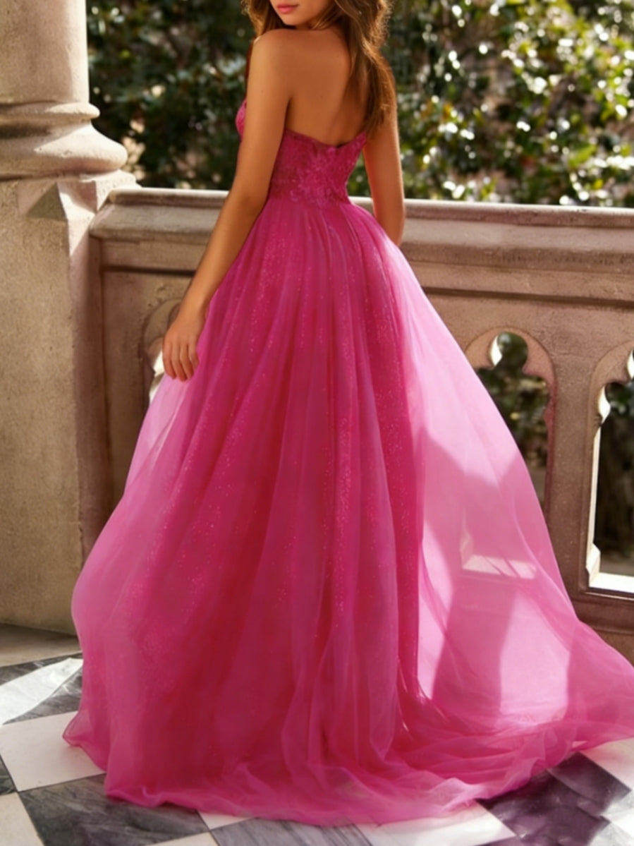 A-Line/Princess One-Shoulder Tulle Prom Dresses with Split Side Lace Floor-Length Sleeveless Formal Dresses