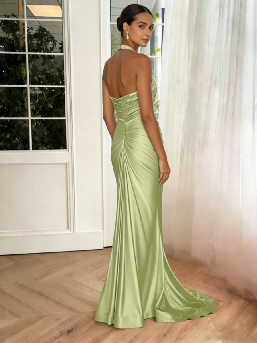 Sheath/Column Halter Silk Satin Prom Dresses with Split Side Ruched Floor-Length Sweep Train Sleeveless Formal Dress
