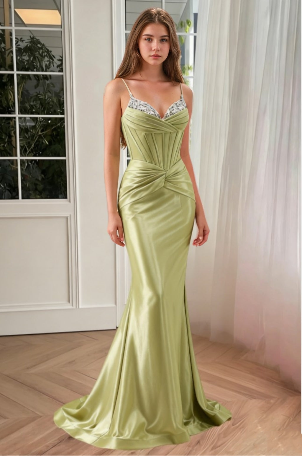 Trumpet/Mermaid Spaghetti Straps Silk Satin Prom Dresses Beading Floor-Length Sleeveless Formal Dress