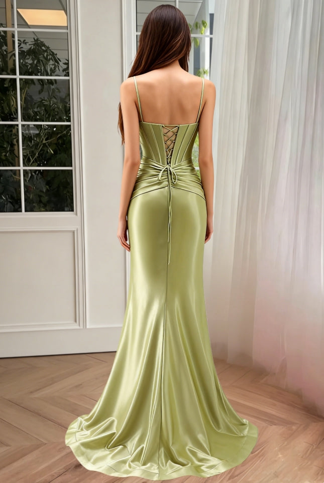 Trumpet/Mermaid Spaghetti Straps Silk Satin Prom Dresses Beading Floor-Length Sleeveless Formal Dress