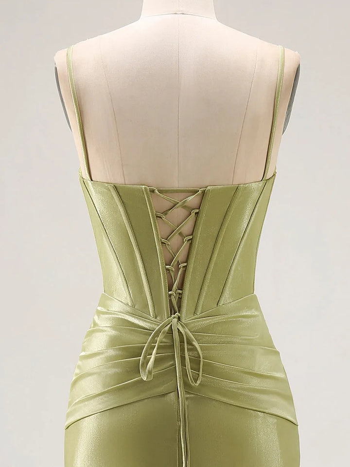 Trumpet/Mermaid Spaghetti Straps Silk Satin Prom Dresses Beading Floor-Length Sleeveless Formal Dress