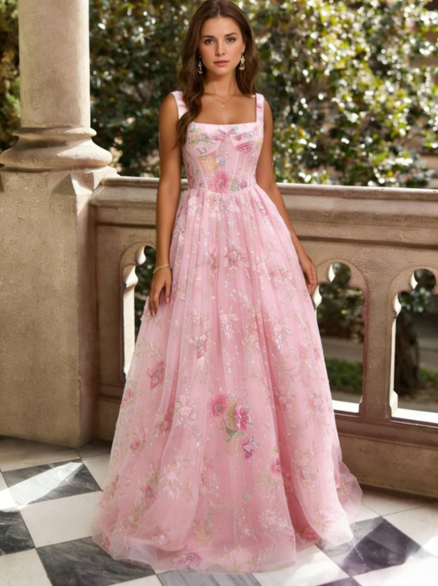 A-Line/Princess Square Collar Lace Prom Dresses Floor-Length Floral Formal Dresses