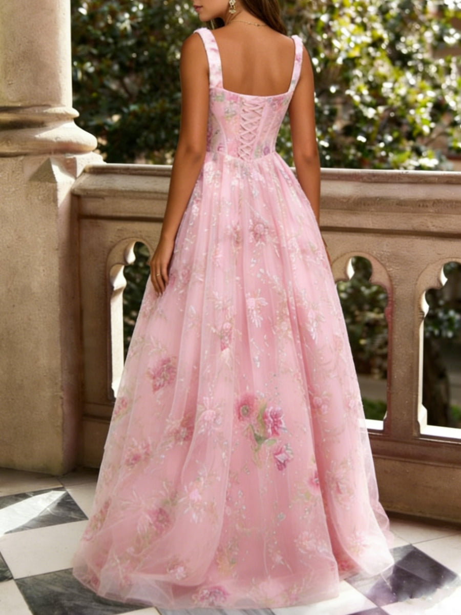 Blush Pink Tulle Prom Dress Floral 2026 for Women Square Neck Sleeveless Flower Embroidery Ball Gown Formal Evening Dress, Pink Blush Pink Tulle Prom Dress Floral 2026 for Women Square Neck Sleeveless Flower Embroidery Ball Gown Formal Evening Dress, Pink