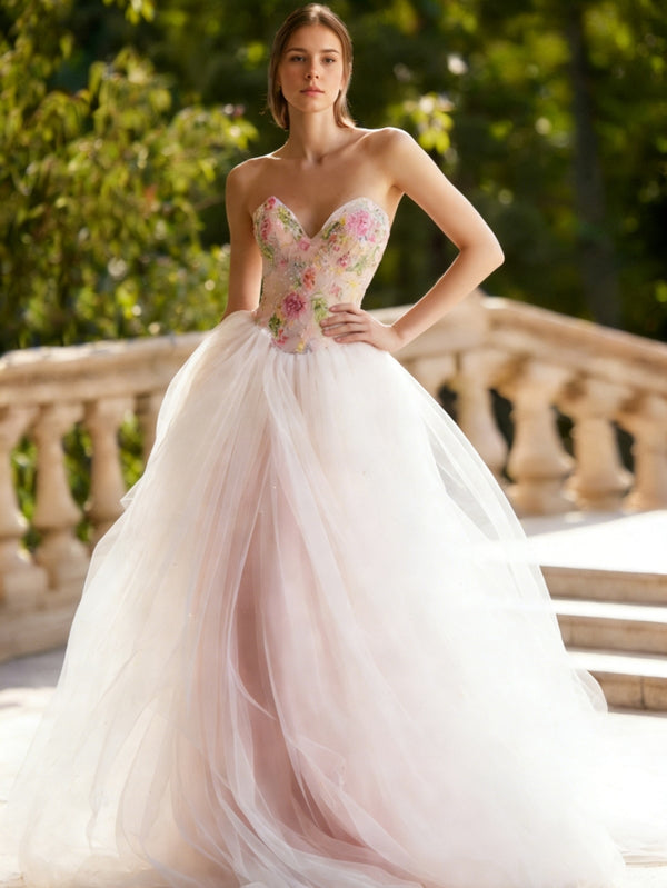 A-Line/Princess Sweetheart Lace Sequins Prom Dresses Floor-Length Floral Formal Dresses