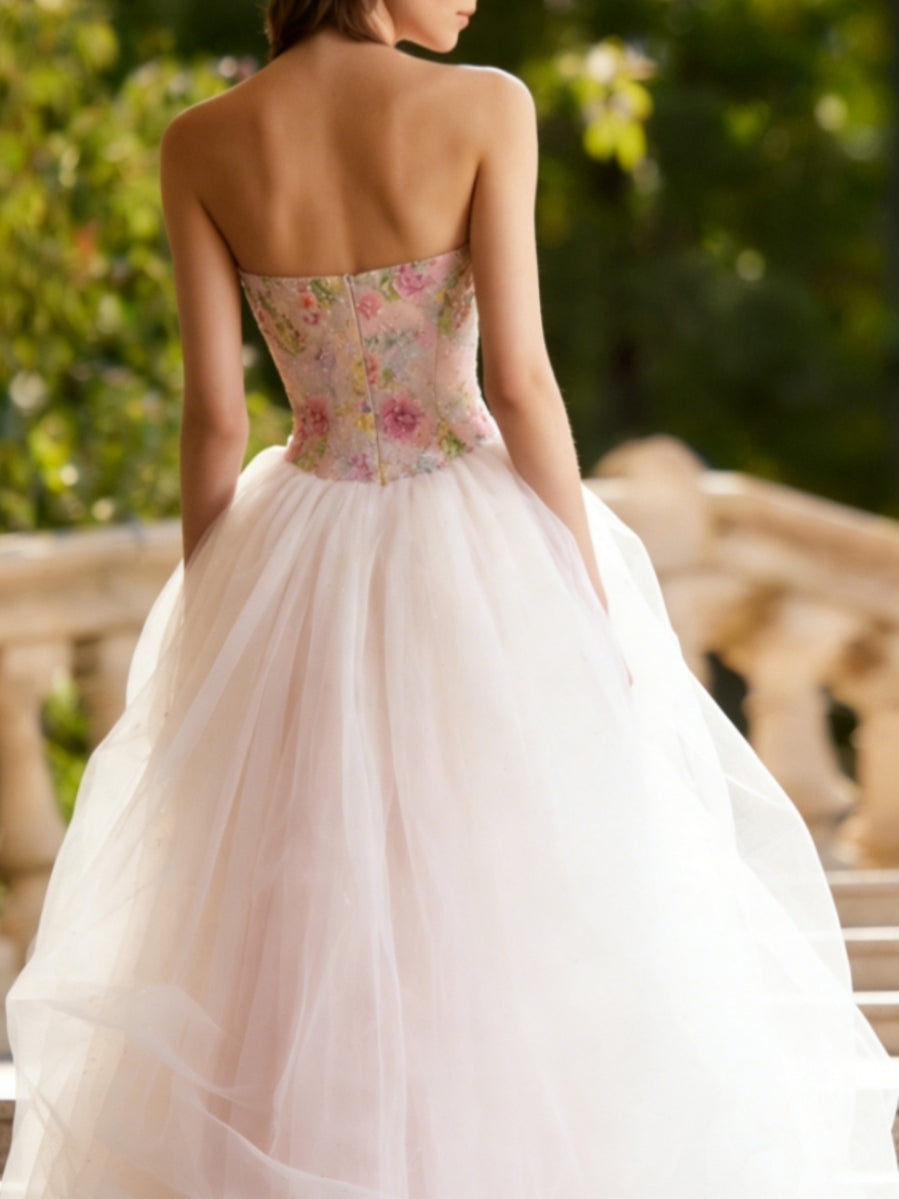 A-Line/Princess Sweetheart Lace Sequins Prom Dresses Floor-Length Floral Formal Dresses