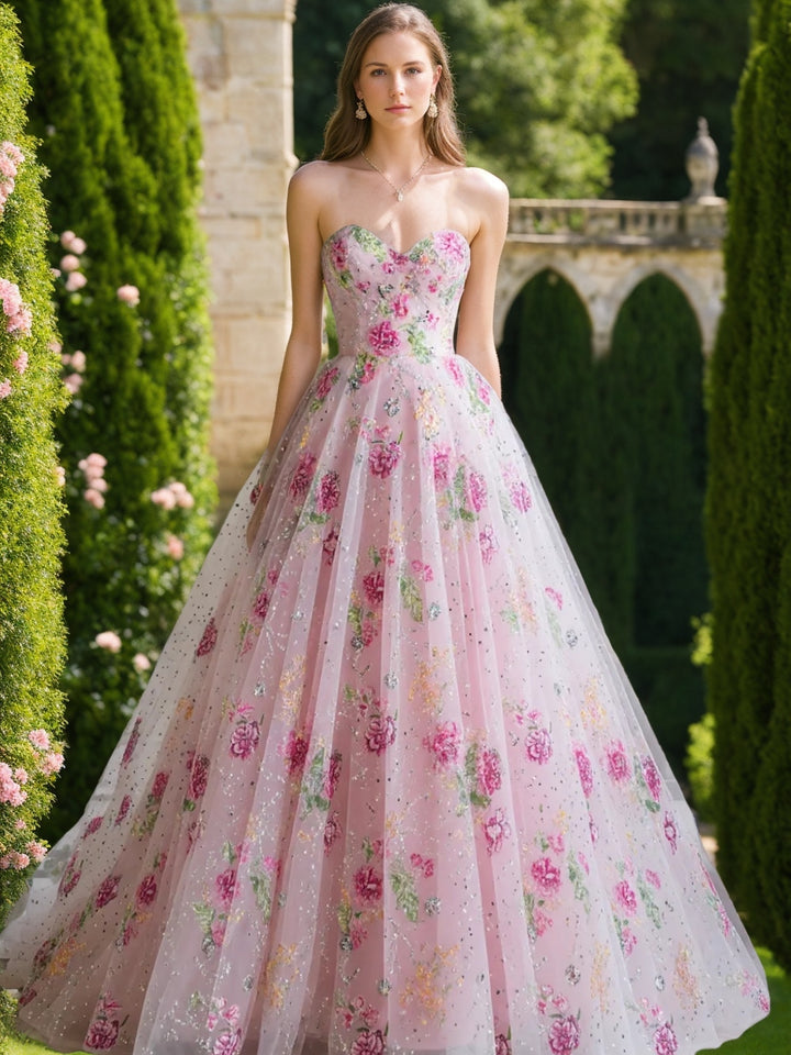 A-Line/Princess Sweetheart Lace Prom Dresses Sequins Floral Floor-Length Formal Dresses