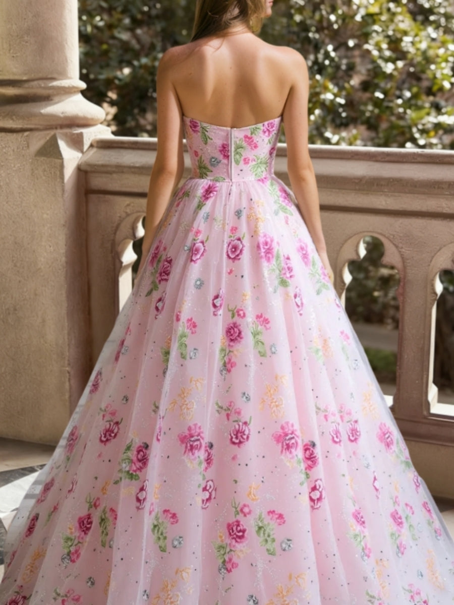 A-Line/Princess Sweetheart Lace Prom Dresses Sequins Floral Floor-Length Formal Dresses