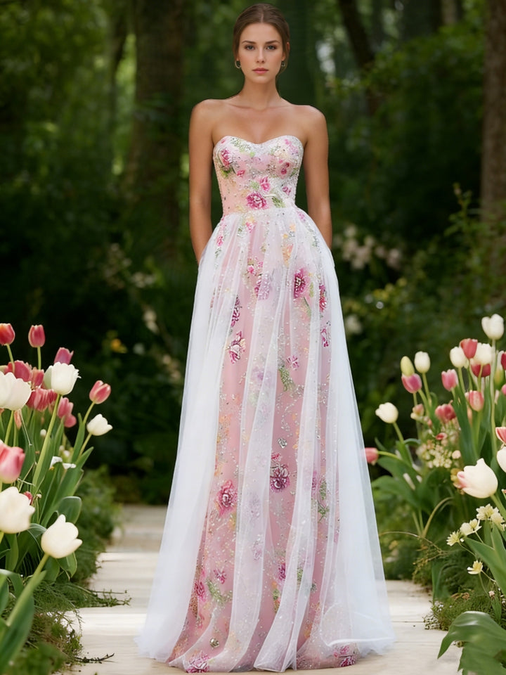 A-Line/Princess Strapless Lace Prom Dresses Sequins Floral Floor-Length Formal Dresses