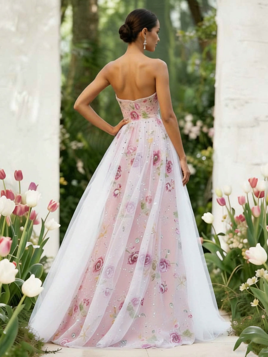 A-Line/Princess Strapless Lace Prom Dresses Sequins Floral Floor-Length Formal Dresses