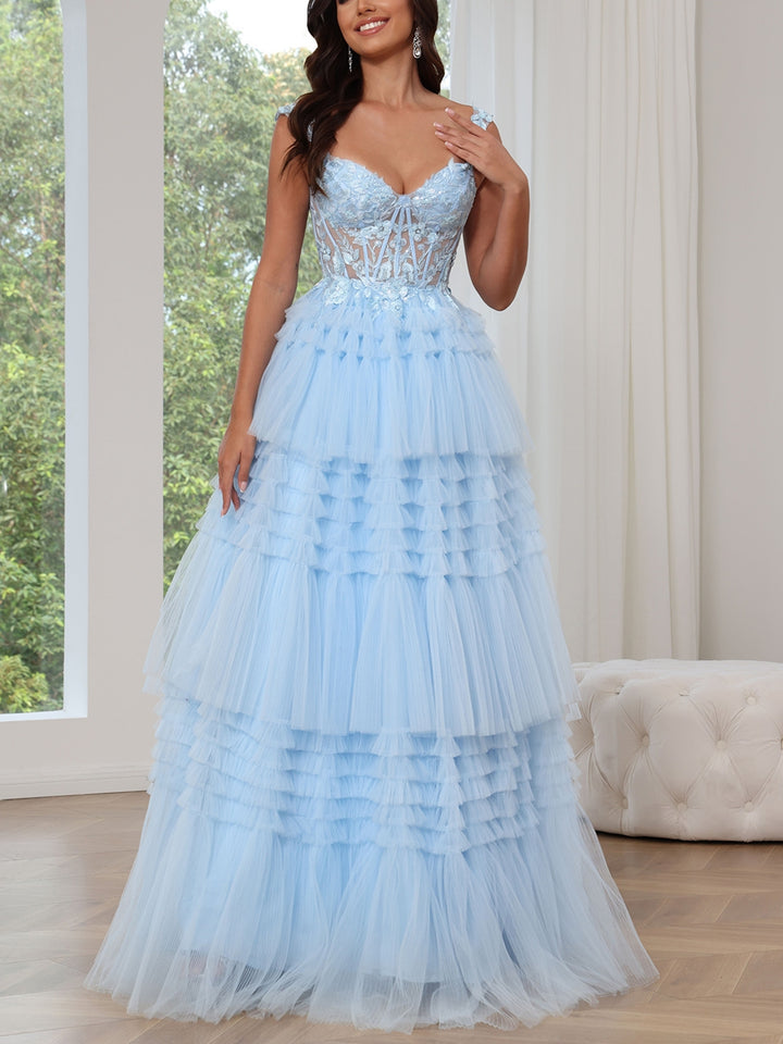 A-Line/Princess Sweetheart Tulle Prom Dresses Lace Floor-Length Spaghetti Straps Formal Dresses